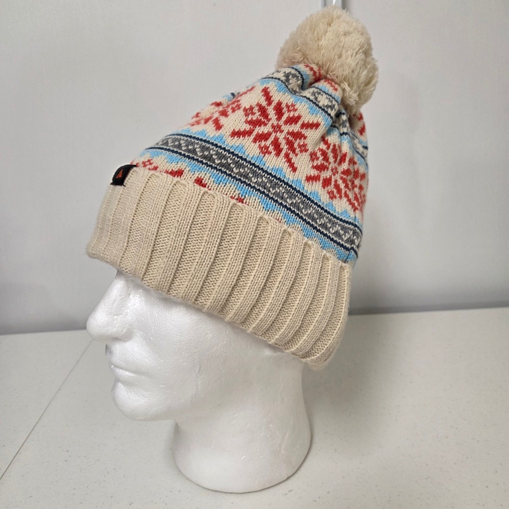 Ozark Trail Fair Isle Beanie Hat Cream Blue Red Snowflake Fleece Lined Pom Pom